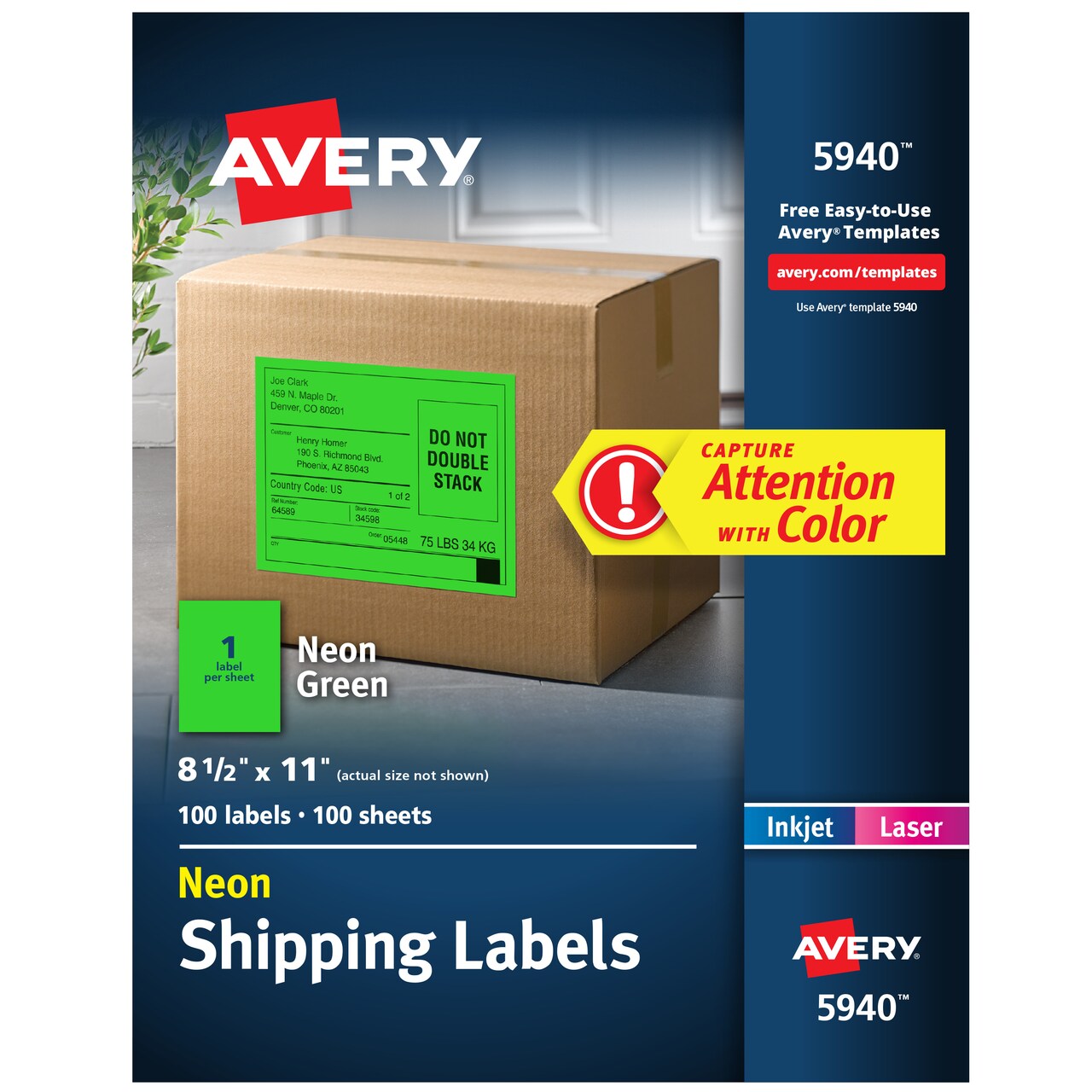 Avery Printable Shipping Labels, 8-1/2" x 11", Neon Green, Laser & Inkjet Compatible, 100 Blank Labels Total (5940)